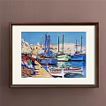 Colorful Harbor Landscape Painting With Boats Dock And Coastal Buildings Under Blue Sky