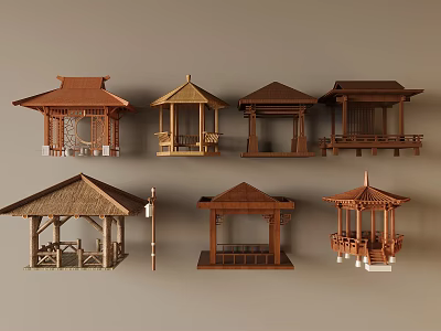 Various Traditional Wooden Landscape Pavilions With Different Roof Styles And Structures 3d model