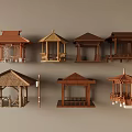 Various Traditional Wooden Landscape Pavilions With Different Roof Styles And Structures