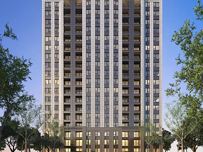 Modern High Rise Residential Building With Trees And Glass Windows Exterior 3d model