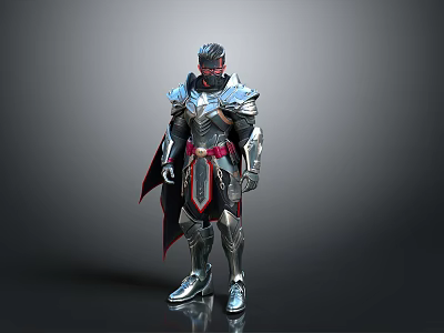 Armored Fantasy Warrior In Silver Black Armor With Red Accents And Cape 3d model
