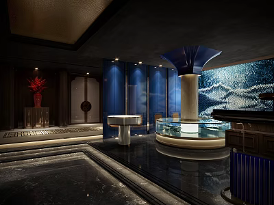 Modern Luxury Interior Design With Blue Walls Water Feature And Decorative Column 3d model