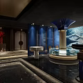 Modern Luxury Interior Design With Blue Walls Water Feature And Decorative Column