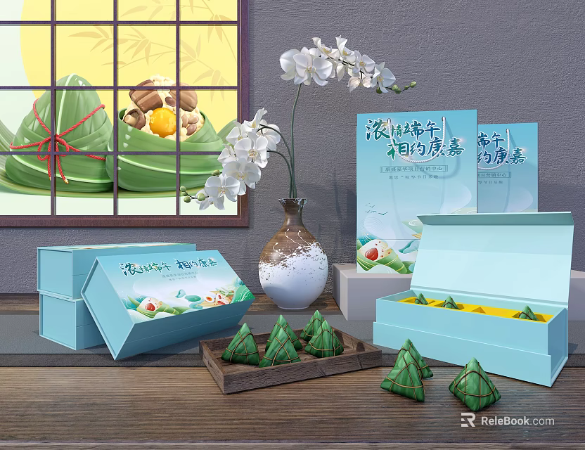 Dragon Boat Festival Zongzi Gift Boxes With Fragrant Leaves And Orchid Decor 3d model 