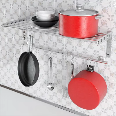 Kitchen Utensils Organized On Metal Rack With Pots Frying Pan Spoon And Dishes 3d model