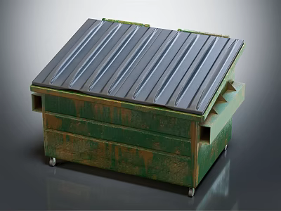 Green Industrial Storage Container With Rusty Exterior And Metal Roof On Wheels 3d model