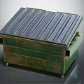 Green Industrial Storage Container With Rusty Exterior And Metal Roof On Wheels