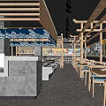 Modern Restaurant Interior With Wooden Decor Colorful Murals And Arranged Dining Tables