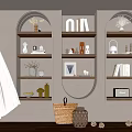 Decorative Ornament Combinations on Arched Shelves with Vases Books and Baskets for Modern Interior Styling