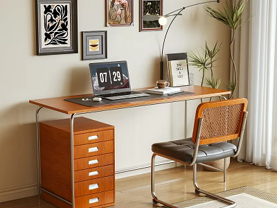 Wooden Desk With Laptop Calendar Photo Frame Wicker Chair And Wall Paintings 3d model