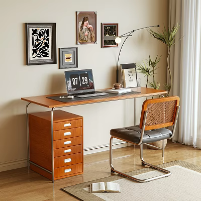 Wooden Desk With Laptop Calendar Photo Frame Wicker Chair And Wall Paintings 3d model