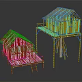 Cartoon Scene of Bamboo Houses with Green and Thatched Roofs and Stilt Structures