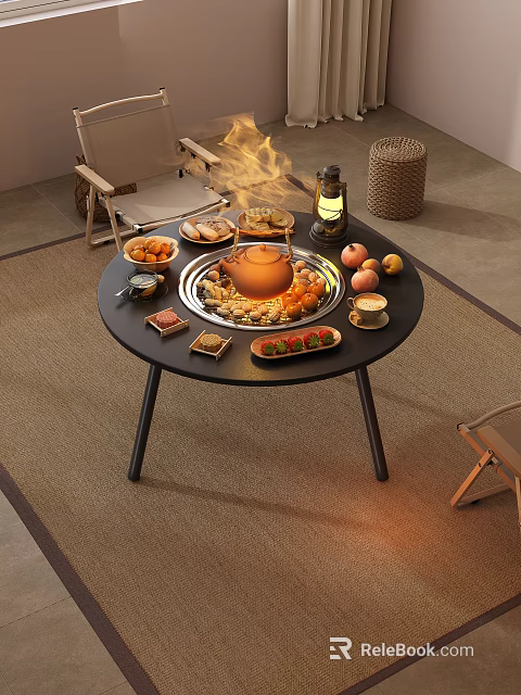 Round Functional Dining Table With Teapot Fruits Lit Lantern And Food Plates 3d model 