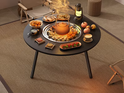 Round Functional Dining Table With Teapot Fruits Lit Lantern And Food Plates 3d model