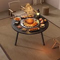 Round Functional Dining Table With Teapot Fruits Lit Lantern And Food Plates