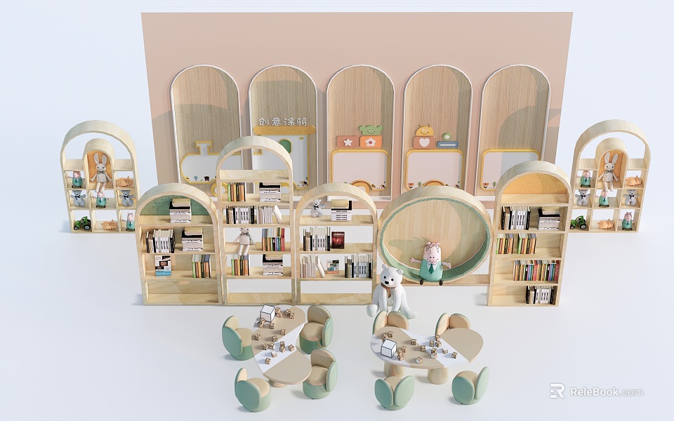 Wooden Kids Table With Small Chairs And Bookshelves In Arched Learning Space 3d model 