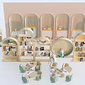 Wooden Kids Table With Small Chairs And Bookshelves In Arched Learning Space