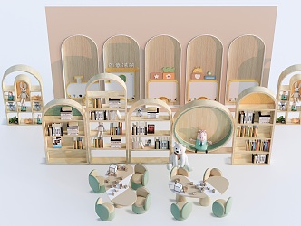 Modern Children's Tables and Chairs Children's Furniture Children's Bookshelf Kindergarten Background Wall 3d model