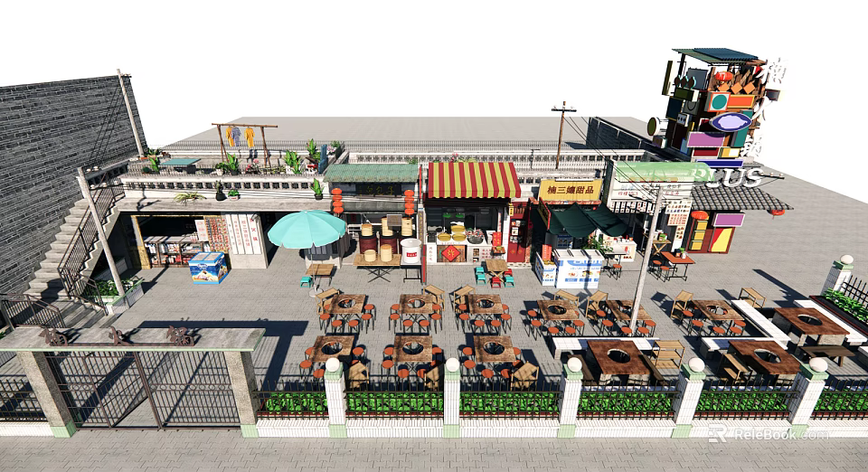 Commercial Street With Outdoor Dining Tables Umbrella Store Signs Green Plants And Fence 3d model 