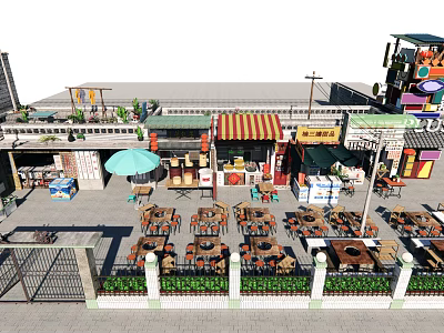 Commercial Street With Outdoor Dining Tables Umbrella Store Signs Green Plants And Fence 3d model