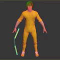 3D Male Character in Yellow Jumpsuit Holding Nunchaku Standing Pose