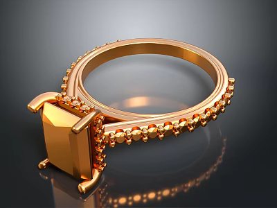 Elegant Golden Ring Featuring Square Gemstone And Decorative Beads As Daily Accessory 3d model
