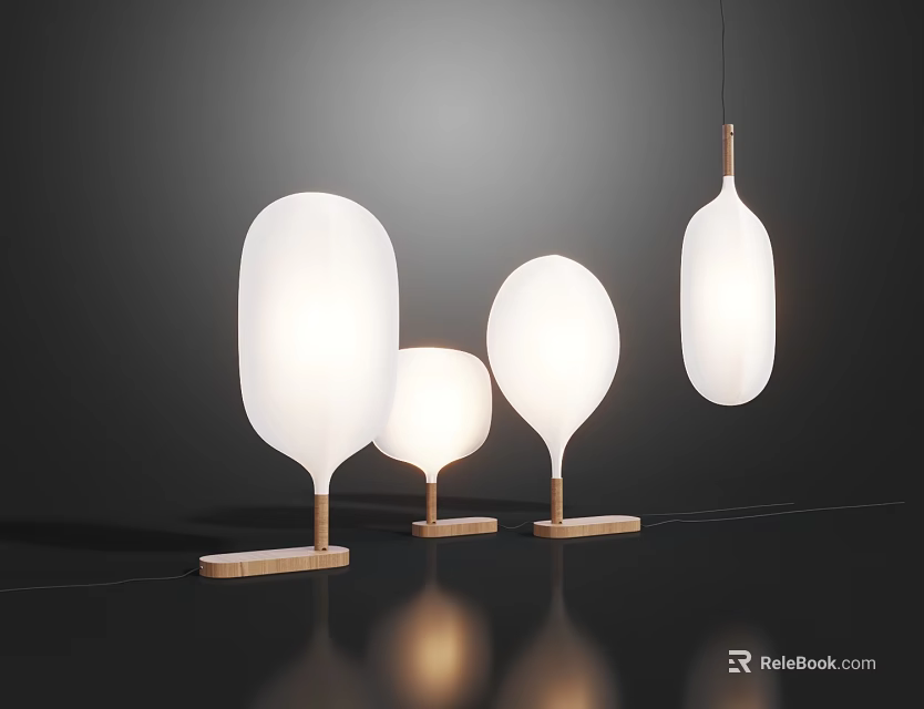 Modern Lighting Combinations with White Lampshades Wooden Bases and Pendant Lamp 3d model 