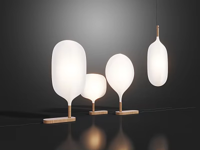 Modern Lighting Combinations with White Lampshades Wooden Bases and Pendant Lamp 3d model
