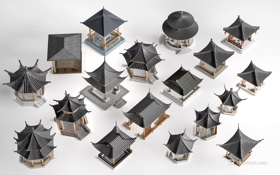 Traditional Garden Pavilions With Various Roof Styles And Miniature Models 3d model 