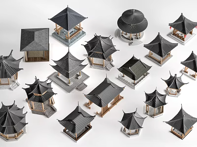 Traditional Garden Pavilions With Various Roof Styles And Miniature Models 3d model