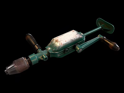 Vintage Green Industrial Manual Drill With Rusted Metal Casing And Handles 3d model