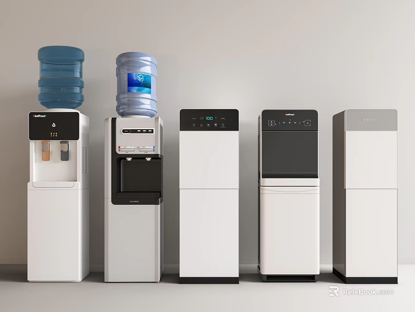 Modern Kitchen Water Dispensers With Various White Black Designs And Bottles 3d model 