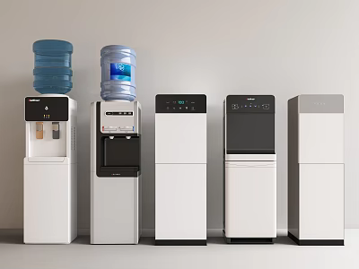 Modern Kitchen Water Dispensers With Various White Black Designs And Bottles 3d model