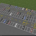 Organized Parking Lot with Parked Cars Multiple Spaces Direction Arrows Grass Strips and Yellow Lines