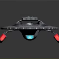 Spacecraft Model With Silver Body Blue Stripes Red Engine And Streamlined Design