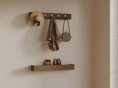 Wooden Entryway Wall Rack With Hat Coat Handbag And Shoes On Shelf 3d model