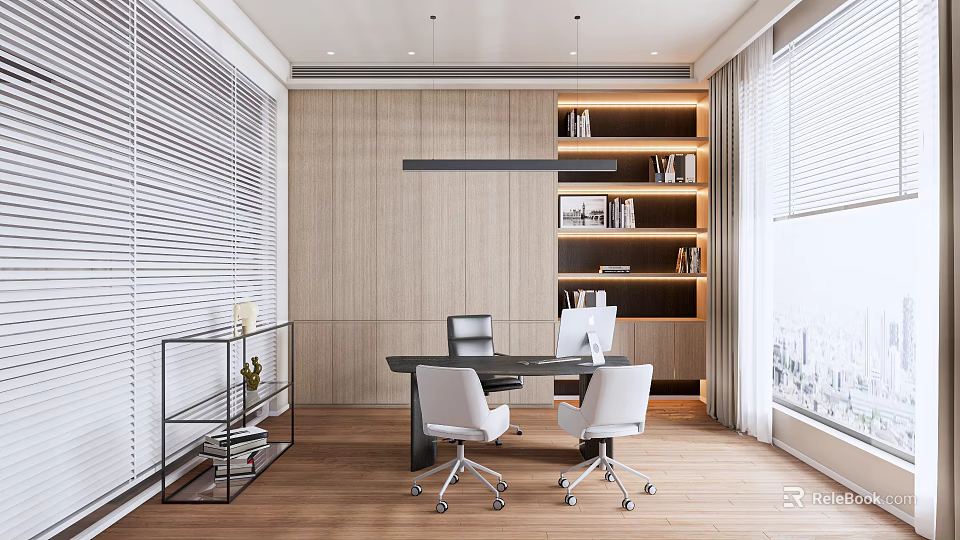 Modern Office Interior With Wooden Walls Bookshelves Desk And White Office Chairs 3d model 