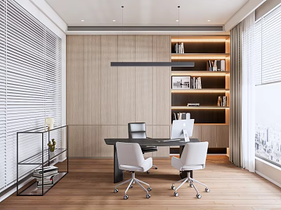 Modern Office Interior With Wooden Walls Bookshelves Desk And White Office Chairs 3d model