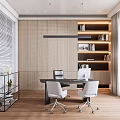 Modern Office Interior With Wooden Walls Bookshelves Desk And White Office Chairs