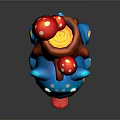 Cute Blue Creature With Red Mushrooms And Wooden Back Structure Tongue Out