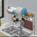 Stainless Steel Kitchenware Rack with Plates Bowls Knives Cutting Board and Spice Bottles Near Sink
