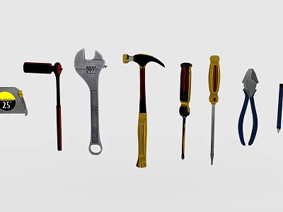 Essential Hardware Tools Collection Including Wrench Hammer Screwdriver Pliers And Tape Measure 3d model