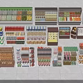 Retail Display Shelves with Fruits Vegetables Beverages Canned Goods and Bread in Organized Supermarket Layout