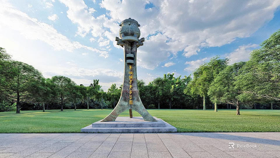 Sculptural Spirit Fortress With Stone Base Standing On Green Lawn Against Blue Sky And Trees 3d model 
