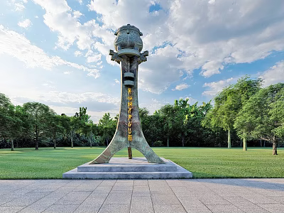 Sculptural Spirit Fortress With Stone Base Standing On Green Lawn Against Blue Sky And Trees 3d model