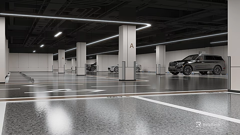 Modern Bright Spacious Parking Lot With Section A Columns Marked Floors And Parked Cars 3d model 