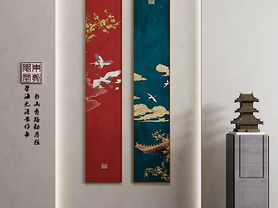 Traditional Chinese Red And Blue Scroll Paintings With Crane Cloud And Tower Decoration 3d model