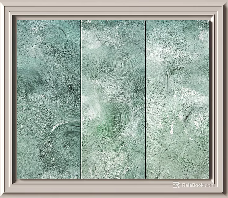Light Green And White Abstract Painting With Three Panel Swirl Textured Design 3d model 