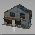 Traditional Japanese Wooden House With Blue Roof Balcony Windows And Potted Plants