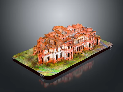 Scenic Model of Ruined Red Building with Green Grass on Display Base 3d model